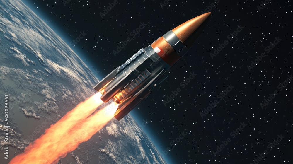 Fototapete rocket in a 3d cartoon rendering transporting a spacecraft beyond earth s orbit future missions to t