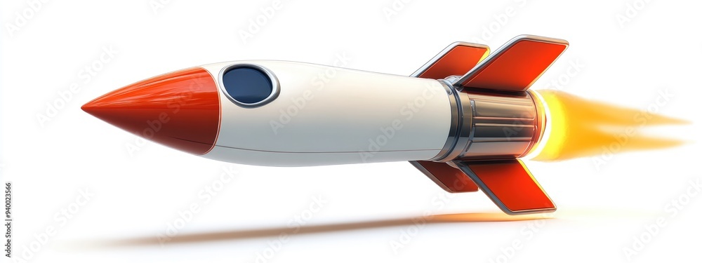 Poster Isolated on a white background a space rocket in 3D cartoon rendering