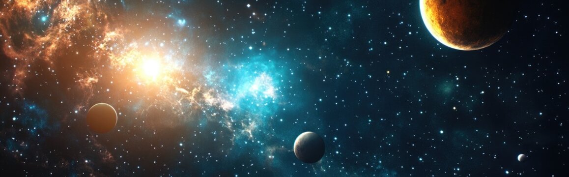 2D illustration featuring a 3D cartoon rendering A realistic star pattern background set in deep interstellar space showcasing bright stars planets and moons Various creative science fiction backd