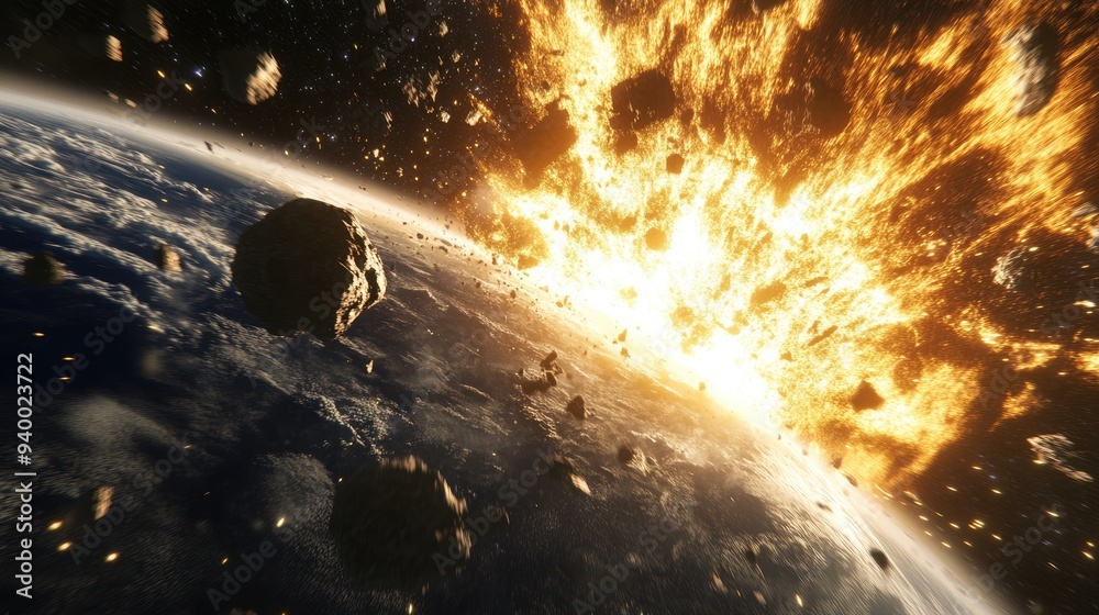 Poster cartoon rendering in 3d depicting an asteroid attack on earth