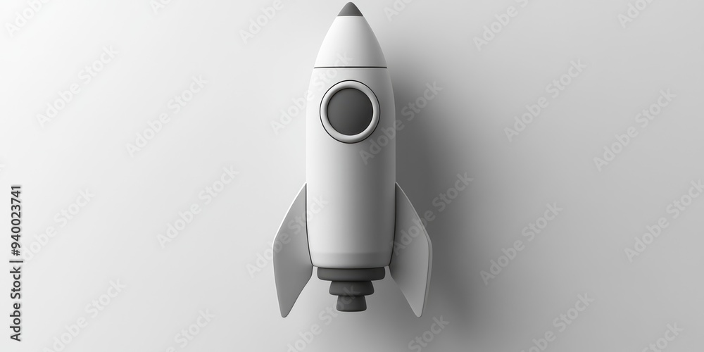 Poster monochrome illustration of a rocket icon in a 3d cartoon rendering against a white background