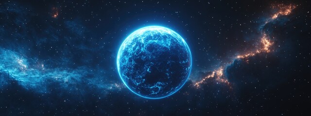 Obraz premium Cartoon style 3D rendering of a blue planet surrounded by a nebula and stars showcasing a space background