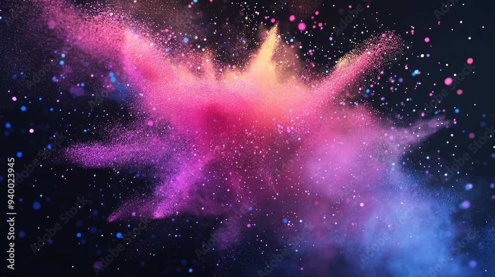 Poster Abstract powder splattered background in a 3D cartoon rendering showcasing the freeze motion of exploding color powder and color glitter texture against a black backdrop