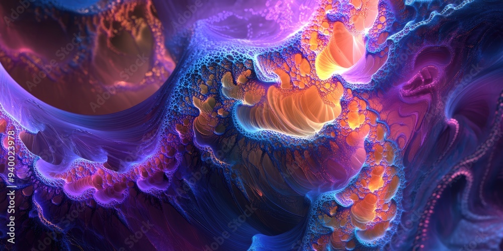 Poster Abstract fractal background in a 3D cartoon rendering Modern art featuring futuristic wavy fractal design elements Digital fantasy effect suitable for trendy desktop wallpaper and graphic design
