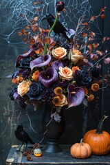 Fototapeta premium A black vase with purple flowers and orange flowers sits on a wooden table