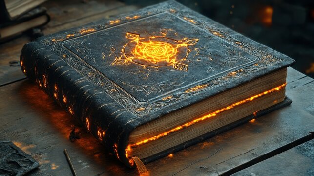 Glowing Ancient Book with Magic Symbol on Cover