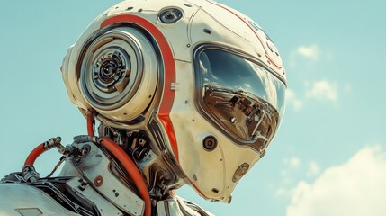 Fototapeta premium Futuristic Robot Head with Visor and Sky Background