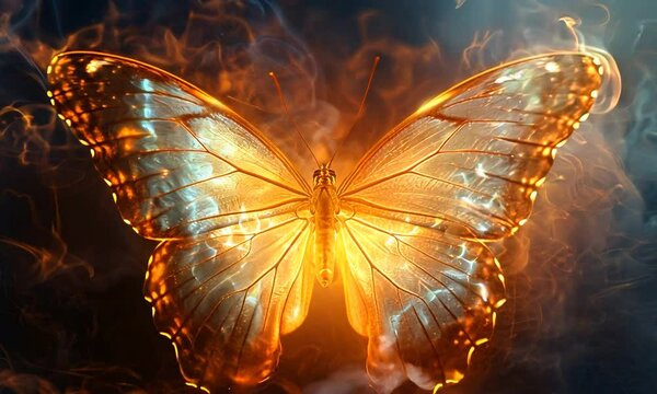 Golden butterfly with smoke behind it.