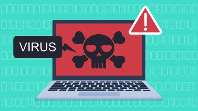 Email with a virus on the laptop screen. The envelope opens and an infected document slides out. The laptop becomes infected. An inscription appears, as well as a warning sign with an exclamation mark