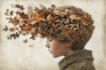 Surreal portrait of a woman with autumn leaves replacing her hair symbolizing the connection between nature transformation and the cycle of thoughts and emotions