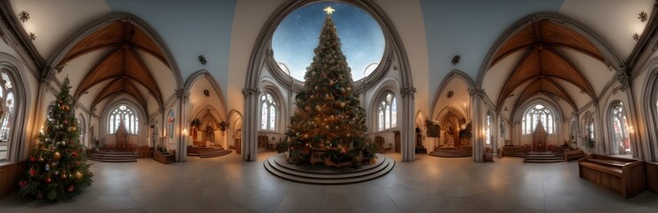 360 degree church during Christmas with decorated tree. HDRI spherical panorama.
