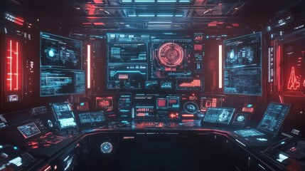 Obraz premium Futuristic Cyber Security Control Room with Multiple Screens Displaying Data