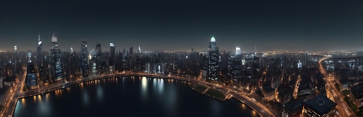 360 degree city's skyline at night. HDRI spherical panorama.