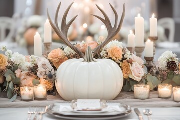 A white pumpkin and antler centerpieces with candles on the table for an autumn wedding, and fall floral arrangements