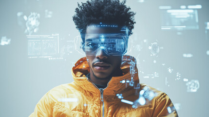 Young man wearing futuristic augmented reality glasses, engaged with interactive digital data, highlighting cutting-edge technology and virtual interaction.