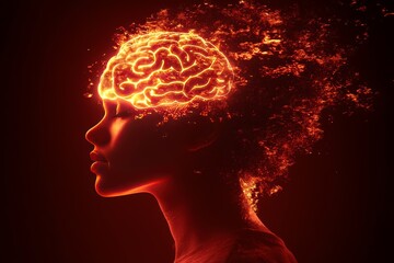 Obraz premium Vivid depiction of a glowing brain within a womans silhouette symbolizing the power of thoughts intelligence and the energy of a creative mind at work in a digital age