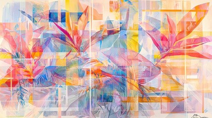 Fototapeta premium Abstract Colorful Geometric Pattern with Tropical Leaf Motifs