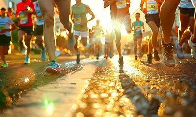 Low angle view of runners feet as they run down the street during a marathon