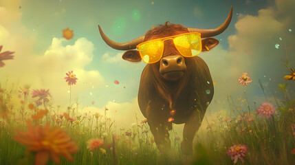 A surreal artwork featuring a brown bull with yellow glasses floating above a grassy field, with the glasses glowing softly