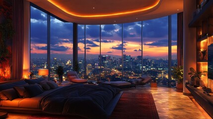 Fototapeta premium Luxury Bedroom with City View at Sunset