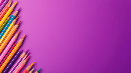 vibrant colored pencils arranged on solid purple background, with copy space for text