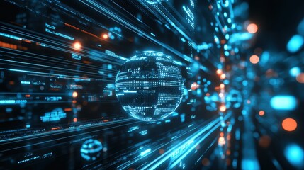 Obraz premium Futuristic Digital World Globe With Blue Light Streaks