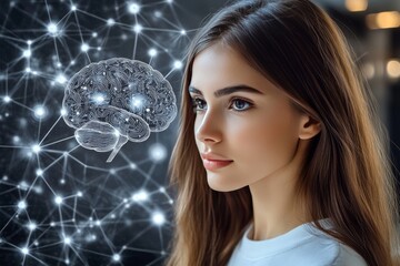 Naklejka premium Young woman with a brain scan overlay representing the intersection of neuroscience mental health and the importance of understanding cognitive function in the modern world