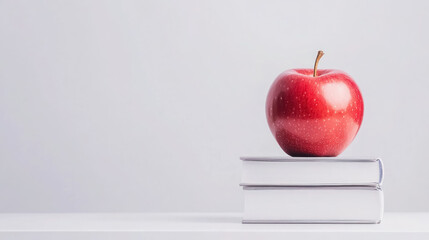 red apple on stack of white hardcover books on gray background, with copy space for text