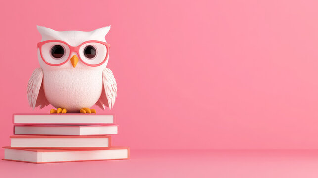 3d cartoon owl with glasses on stack of books against pink background