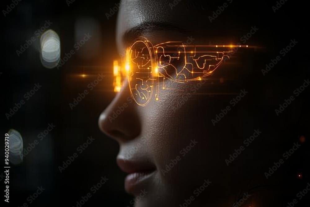 Canvas Prints Profile of a woman with a futuristic digital brain overlay symbolizing the fusion of human cognition and advanced technology in the modern world of artificial intelligence