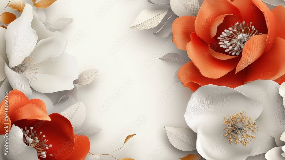 Poster Abstract Floral Background with Orange and White Flowers and Golden Leaves