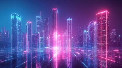 Neon Cityscape with glowing lines and futuristic buildings