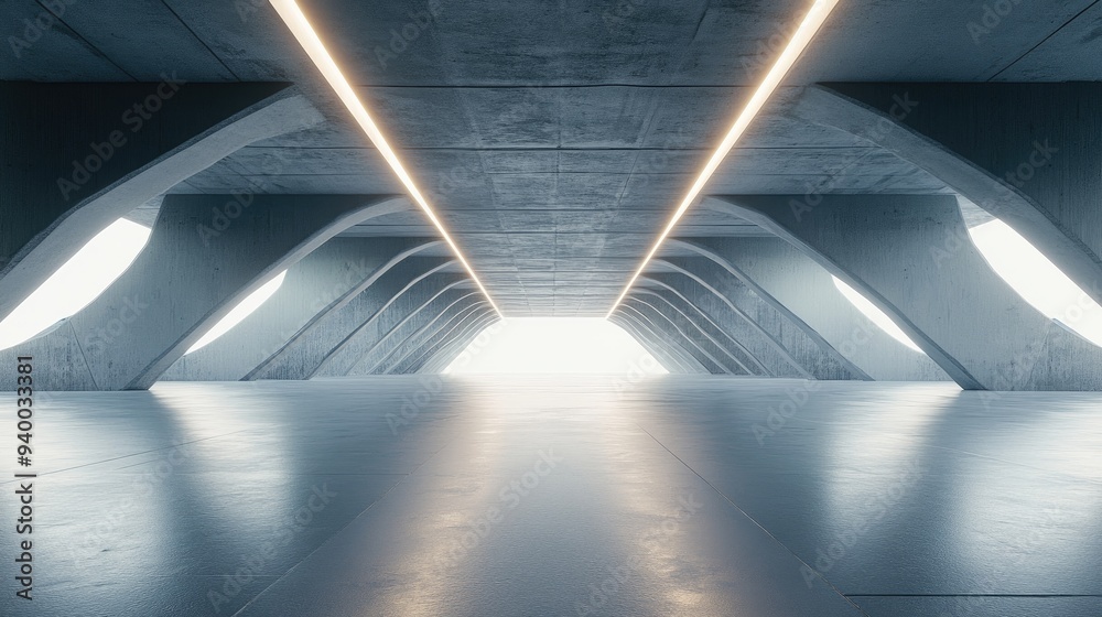 Aufkleber 3d rendering of abstract futuristic architecture featuring an empty concrete floor designed for show