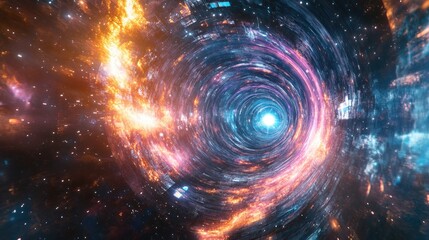 3D rendering of an interdimensional space flight via a vibrant technologically advanced wormhole showcasing the dynamic motion of plasma through particle accelerators