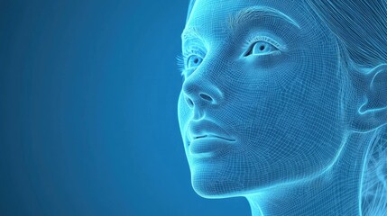 Fototapeta premium 3D wireframe illustration of a young female face on a blue background representing technology digital avatars and futuristic concepts in science and relationships