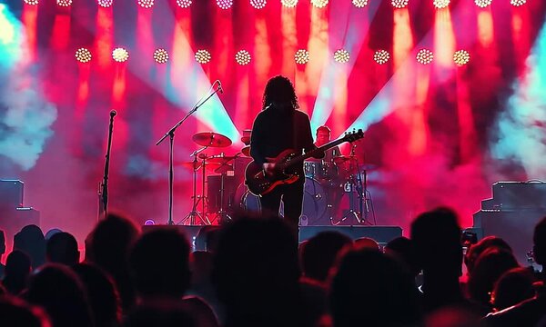 Silhouetted musician playing guitar on stage with pink lights and a crowd in front.