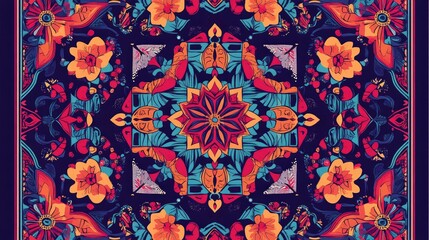 Abstract colorful graphic pattern featuring geometric ornaments with a frame Line art and lace design suitable for textile prints like scarves shawls and tablecloths