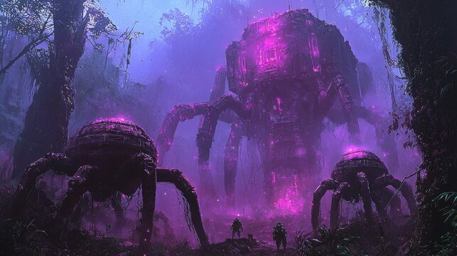 Futuristic Giant Spiders in Purple Forest