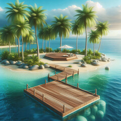 Fototapeta premium A tropical paradise with palm trees, a wooden dock, and a gazebo on a secluded island