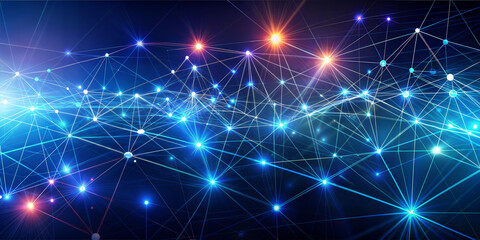 Abstract background digital network with glowing nodes and lines, blue and orange tones