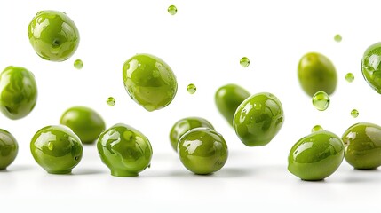 Green Olives Falling Across an Isolated White Background, Ripe Food and Culinary Studio Action Photography Harvest Backdrop, Restaurant Menu Wallpaper Cookbook Recipe Ingredient, Farm Fresh Design