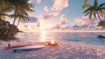 Tropical Sunset Beach with Surfboards and Bonfire