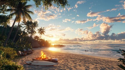 Tropical Beach Sunset with Campfire and Surfboard
