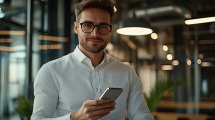 Contemporary CEO Portrait: Minimalist Style, Smartphone in Hand, Soft Focus, and Light Color Scheme Reflecting Modern Business Leadership