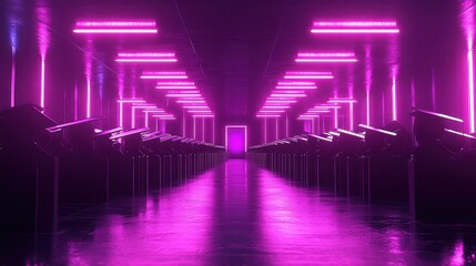 Futuristic Neon Corridor with Purple Glow and Reflective Floor