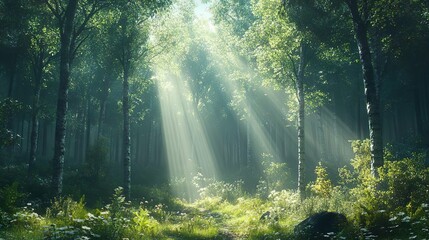 Fototapeta premium Enchanted woodland with golden sunlight streaming through the trees ideal for magical and serene wallpapers