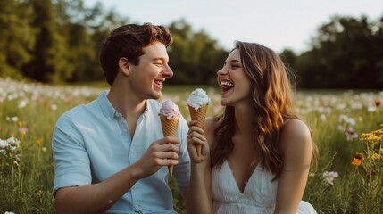Obraz premium A couple enjoys ice cream in a flower-filled field, laughing under a sunny blue sky.