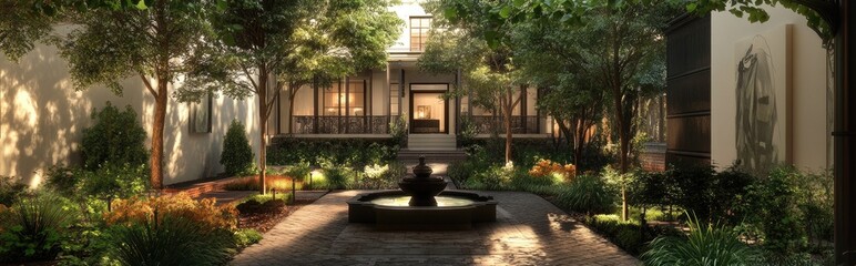 3D rendering of an interior yard featuring a historic house and art museum dedicated to an influential artist