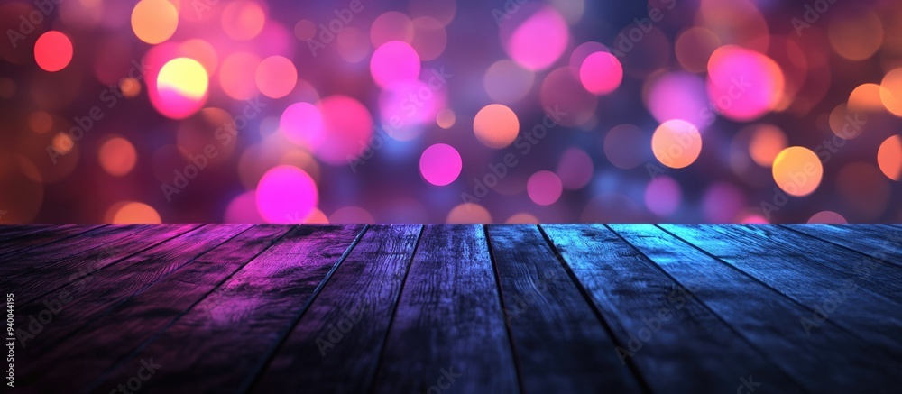 Poster 3d rendering of an empty dark wooden table with an abstract blurred bokeh background ideal for showc