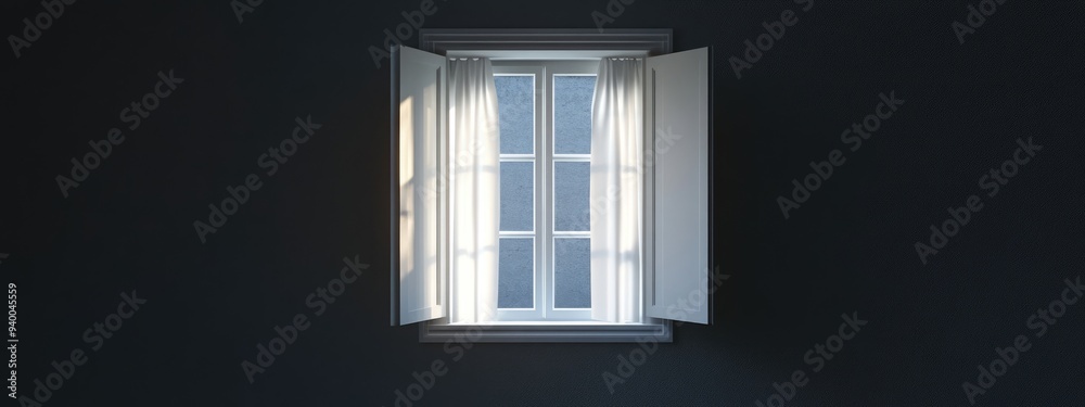 Poster 3D rendering of an open window with white curtains showcasing a darkened interior with selective focus and noise effect